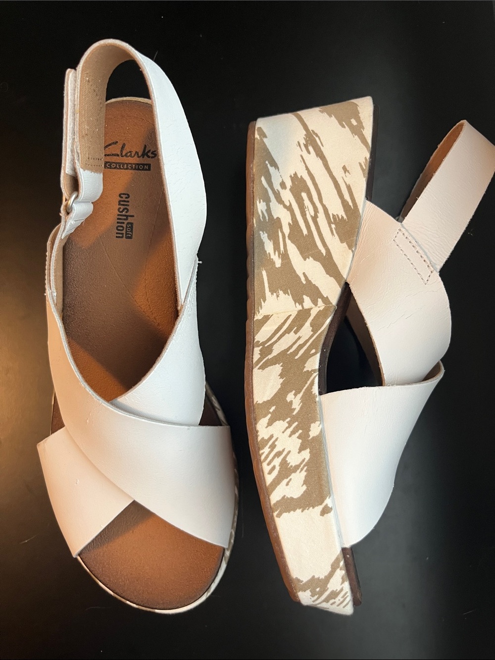 Clarks White Leather Cross-Strap Wedge Sandals - Picture 1 of 10